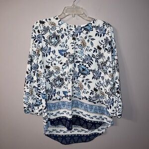 Blue white long sleeve floral blouse with sleeves cut outs Fourteenth place S
